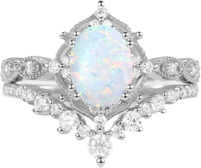 1.5ct Oval Opal Engagement Ring Set 925 Sterling Silver Vintage Band