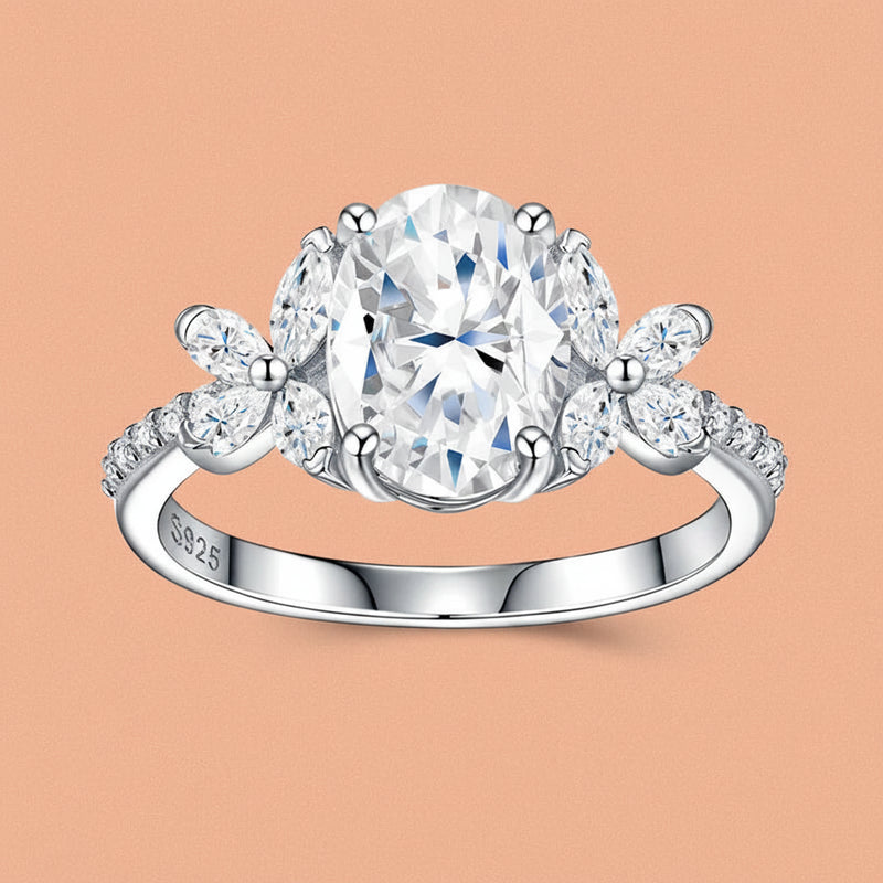 1.5ct Oval-Cut Moissanite Ring with Marquise & Round Accents Floral Halo Design Romantic Contemporary Statement Rings - hover