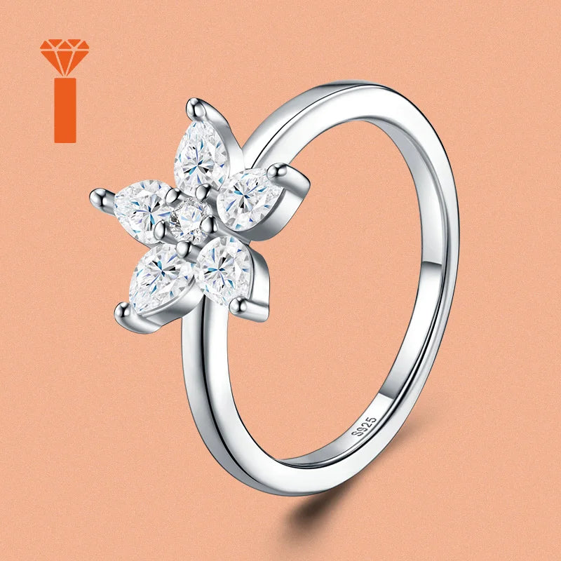 2026 Affordable Bridal Floral Moissanite Ring S925 Wholesale & Customization Supported Trendy Five-Petal Flower Moissanite Ring - hover