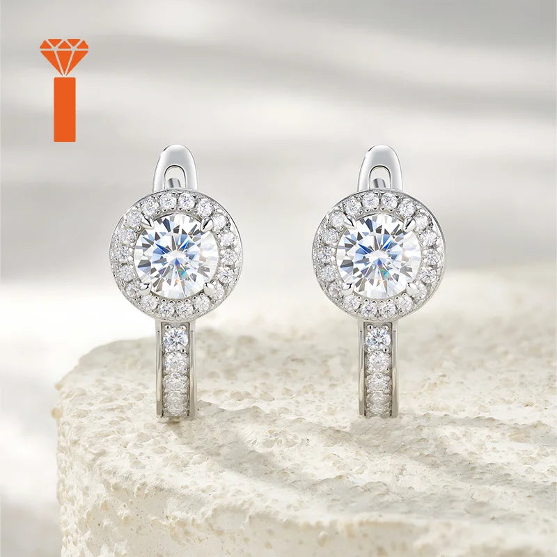 0.5ct Round-Cut Double Halo Moissanite Huggie Hoop Earrings - Premium 925 Silver - hover
