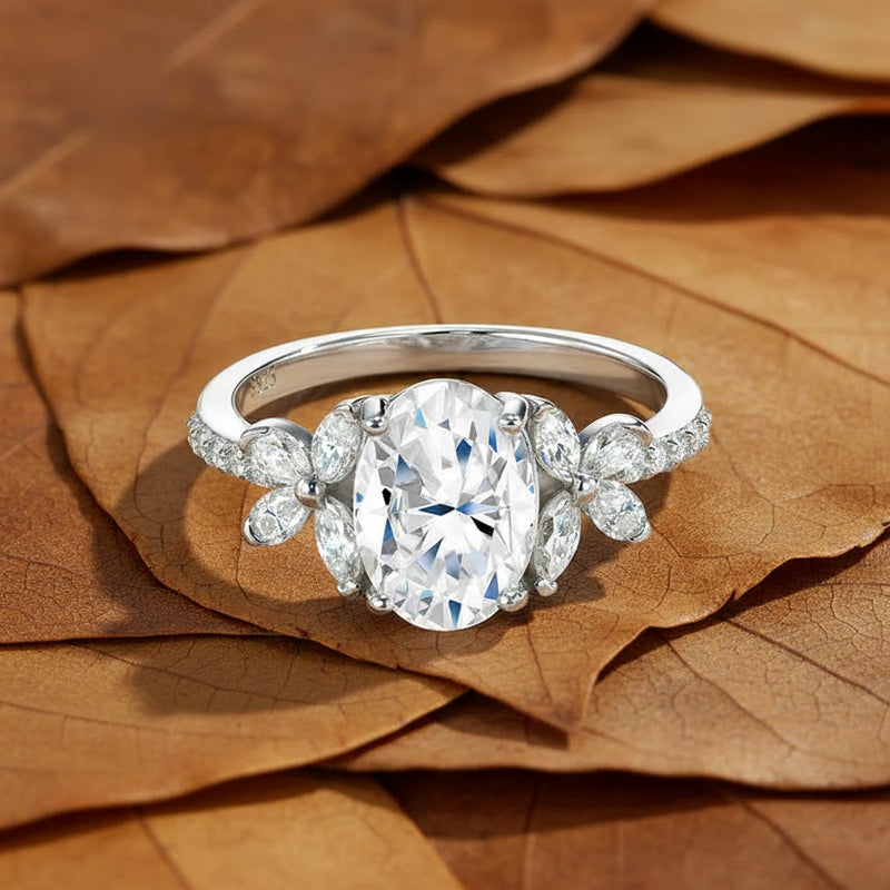 1.5ct Oval-Cut Moissanite Ring with Marquise & Round Accents Floral Halo Design Romantic Contemporary Statement Rings