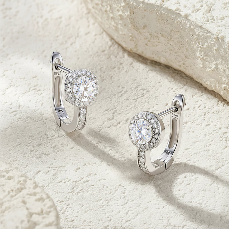 0.5ct Round-Cut Double Halo Moissanite Huggie Hoop Earrings - Premium 925 Silver