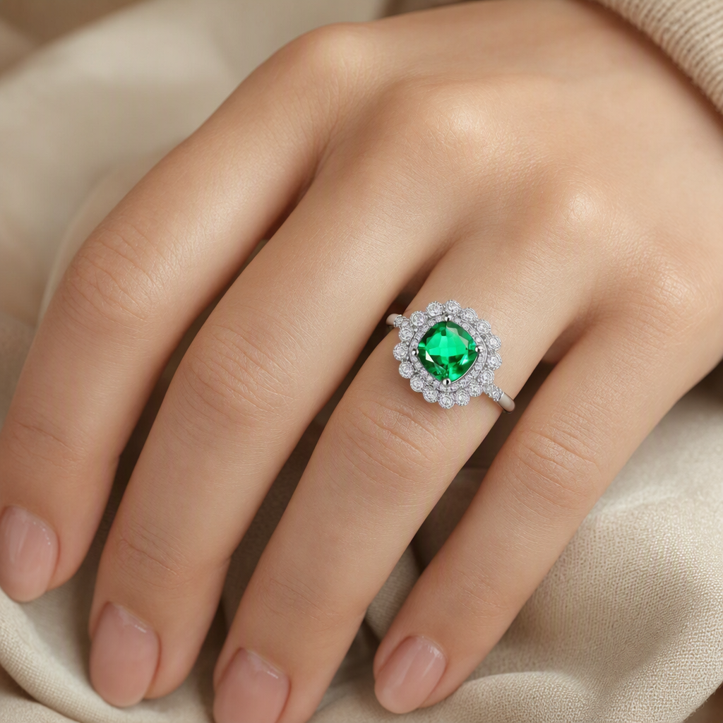Cushion-Cut Lab-Grown Emerald Double Halo Ring lifestyle photo