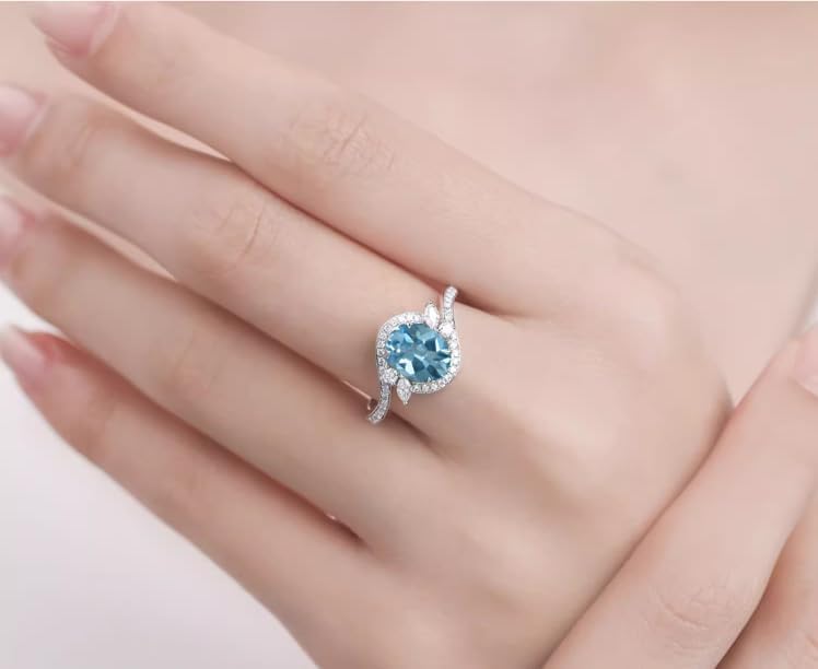 Aquamarine 1.5 Carat Vintage Blue Oval Engagement Ring 925 Sterling Silver Moissanite Ring for Women Girlfriend