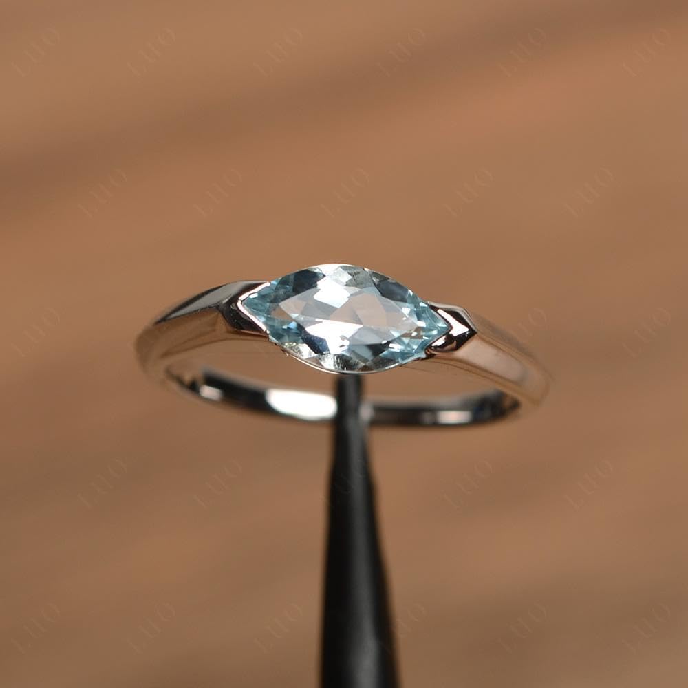 Aquamarine East West Engagement Ring 925 Sterling Silver Horizontal Marquise Cut 5x10mm Minimalist Solitaire Wedding Promise Ring for Women Size 3-13