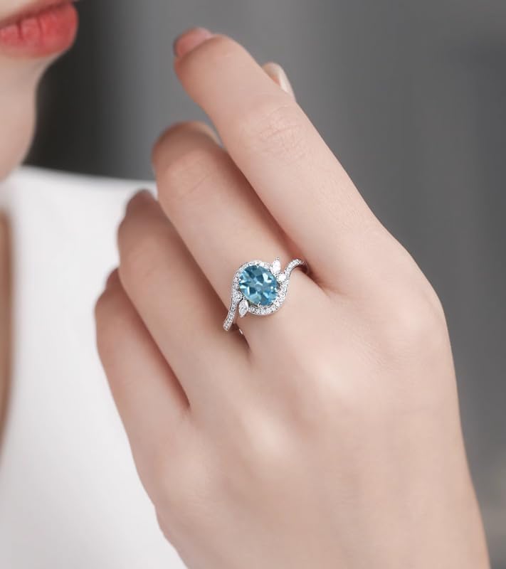 Aquamarine 1.5 Carat Vintage Blue Oval Engagement Ring 925 Sterling Silver Moissanite Ring for Women Girlfriend