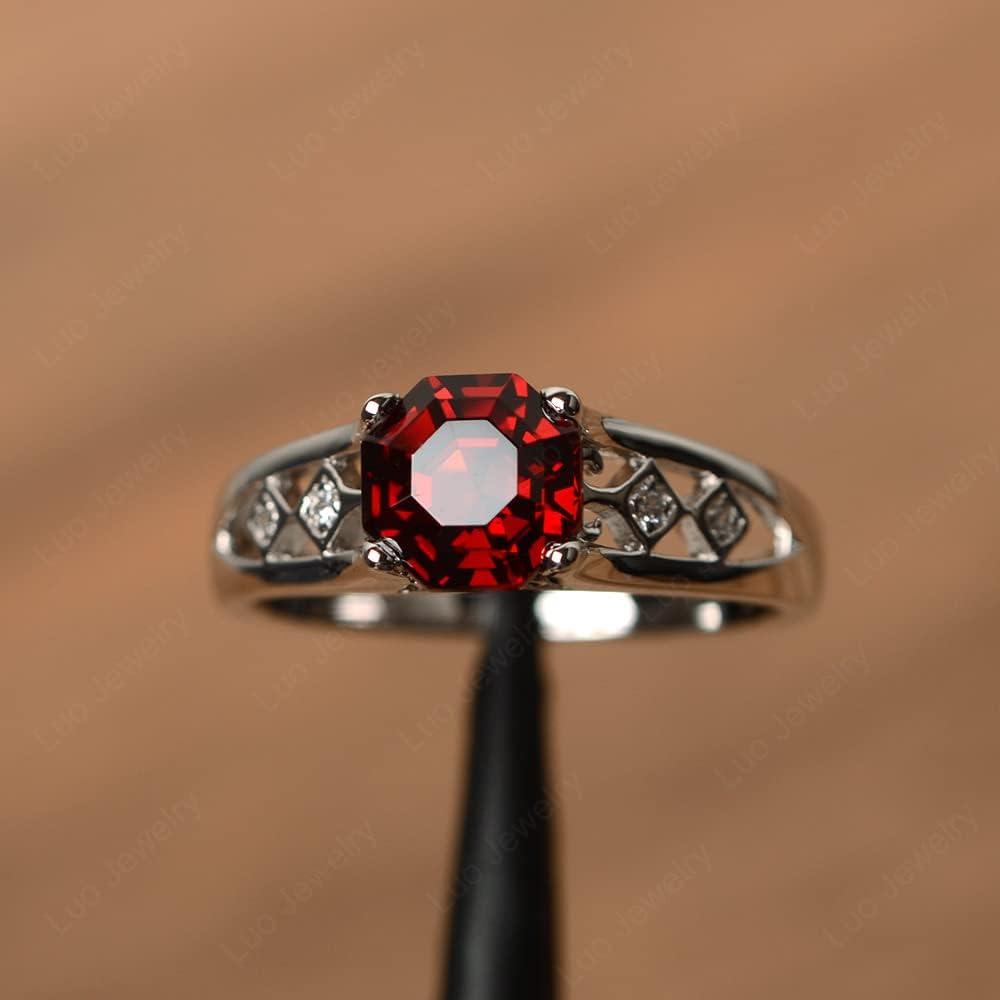 Garnet  925 Sterling Silver 7 MM Octagon Cut Gemstone Ring Statement Anniversary Ring for Women Jewelry