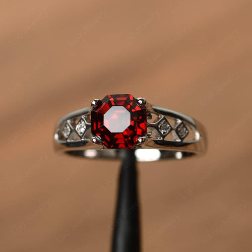 925 Sterling Silver Garnet Ring – 7mm Octagon Cut Statement Ring, Anniversary Engagement Ring for Women, Size 3-13