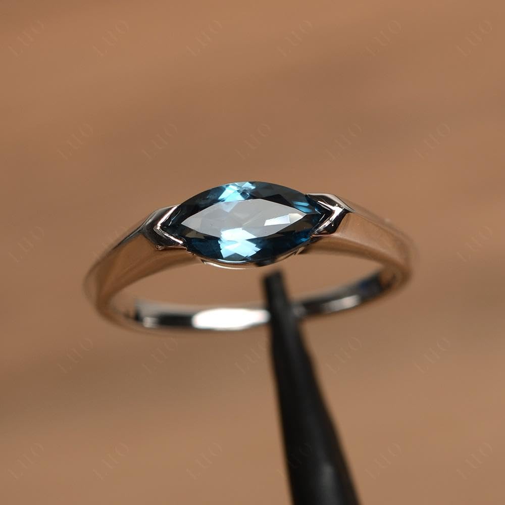 Topgemco East-West London Blue Topaz Ring – Marquise Cut Sterling Silver December Birthstone Promise Ring