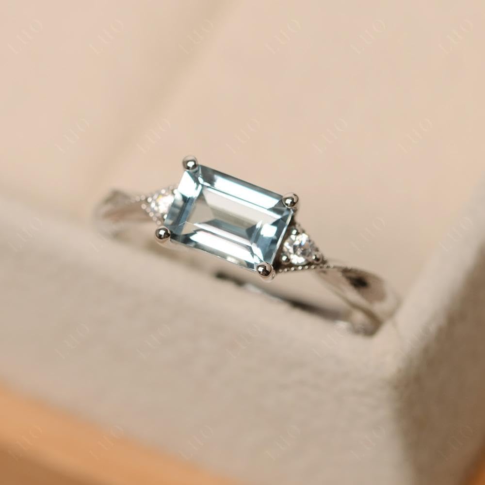 Aquamarine Emerald Cut 7x5mm East West Engagement Ring 925 Sterling Silver for Women Minimalist Solitaire Jewelry Size 3-13