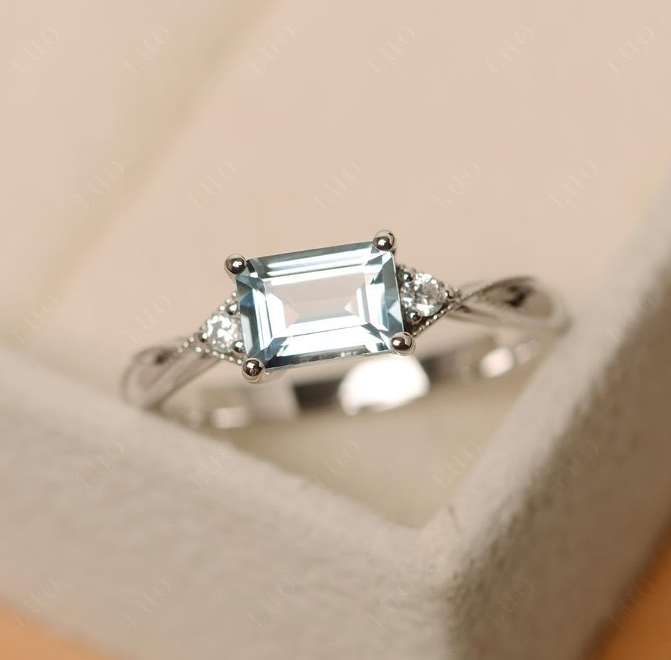 Aquamarine Emerald Cut 7x5mm East West Engagement Ring 925 Sterling Silver for Women Minimalist Solitaire Jewelry Size 3-13