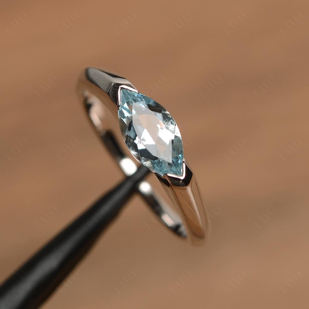 Aquamarine East West Engagement Ring 925 Sterling Silver Horizontal Marquise Cut 5x10mm Minimalist Solitaire Wedding Promise Ring for Women Size 3-13