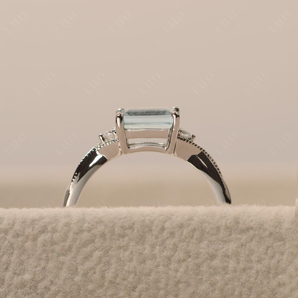 Aquamarine Emerald Cut 7x5mm East West Engagement Ring 925 Sterling Silver for Women Minimalist Solitaire Jewelry Size 3-13