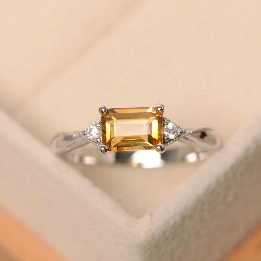 Topgemco Vintage Milgrain Citrine Ring – Emerald Cut East-West Sterling Silver Birthstone Ring
