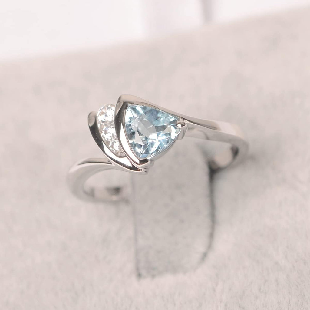 Aquamarine 6MM Trillion Cut Birthstone Ring 925 Sterling Silver for Women Gemstone Engagement Jewelry Anniversary Wedding Promise Ring Size 3-13