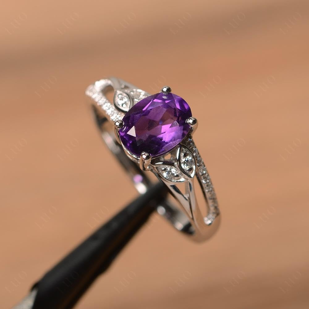 925 Sterling Silver Amethyst Ring – Oval Leaf Design, Sizes 3-13