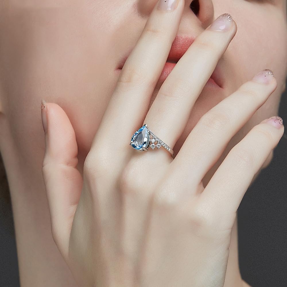 Aquamarine 2CT Pear Cut Engagement Ring 925 Sterling Silver 7x9mm Sky Blue Aquamarine and White Moissanite Ring for Women