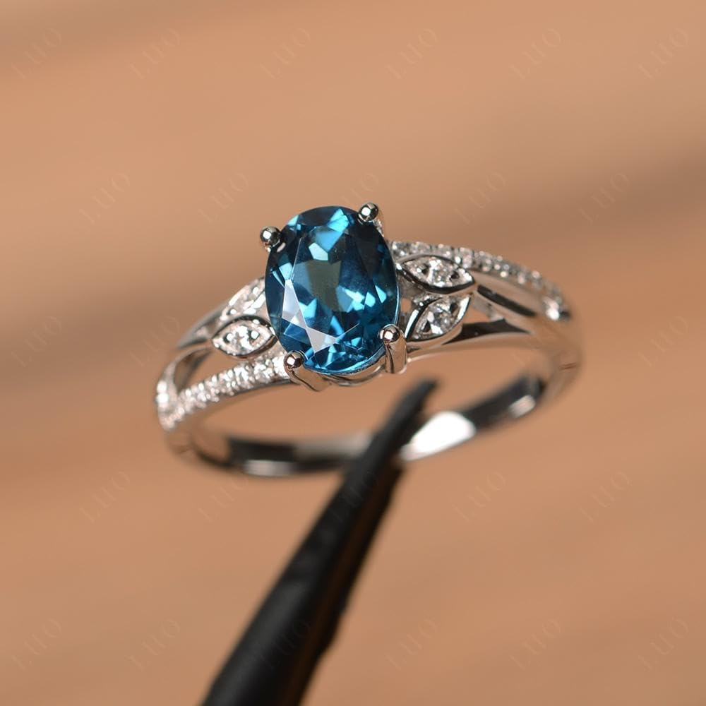 Topgemco Vintage Leaf London Blue Topaz Ring – Oval Cut Sterling Silver December Birthstone Engagement Ring