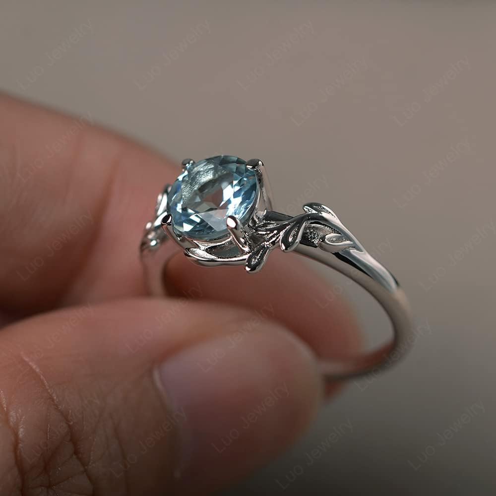 Aquamarine Ring 7MM Round 925 Sterling Silver Leaf Design Engagement Promise Ring for Women Birthday Christmas Valentine Day Jewelry Size 3-13