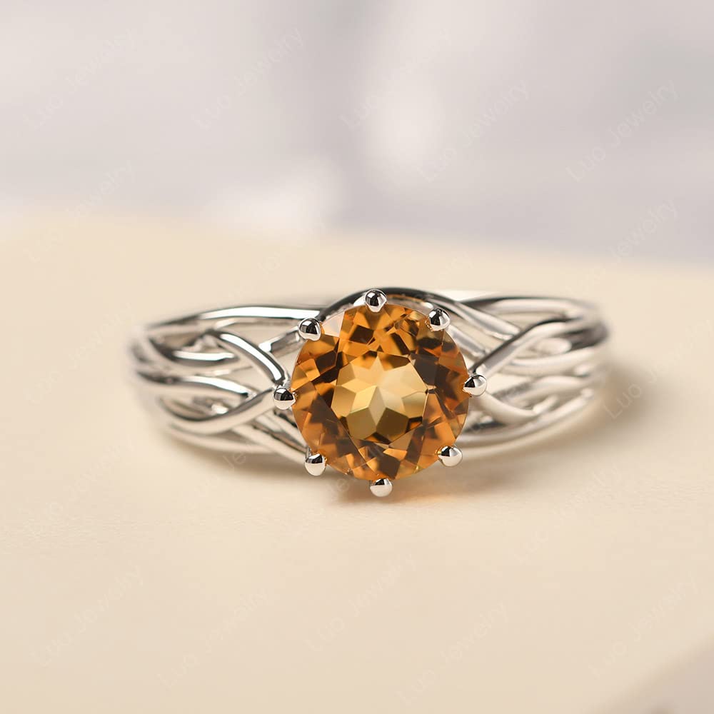 Topgemco Crossover Citrine Ring – Round Cut Abstract Sterling Silver November Birthstone Ring