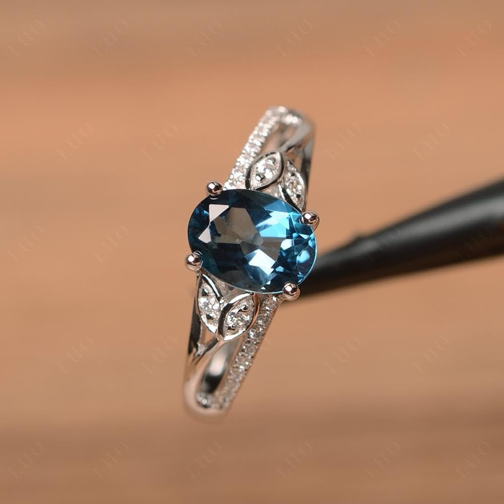 Topgemco Vintage Leaf London Blue Topaz Ring – Oval Cut Sterling Silver December Birthstone Engagement Ring