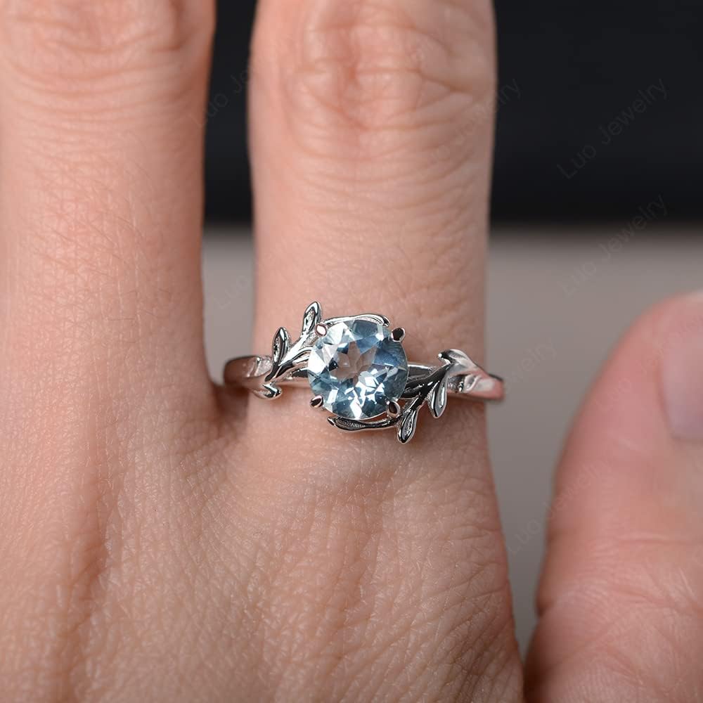 Aquamarine Ring 7MM Round 925 Sterling Silver Leaf Design Engagement Promise Ring for Women Birthday Christmas Valentine Day Jewelry Size 3-13