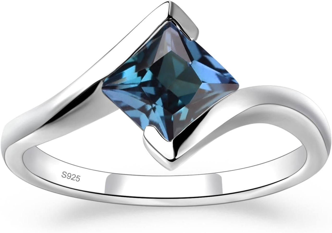Topgemco Princess-Cut Bypass Promise Ring – Bezel-Set Solitaire in 925 Sterling Silver, Sizes 3–13