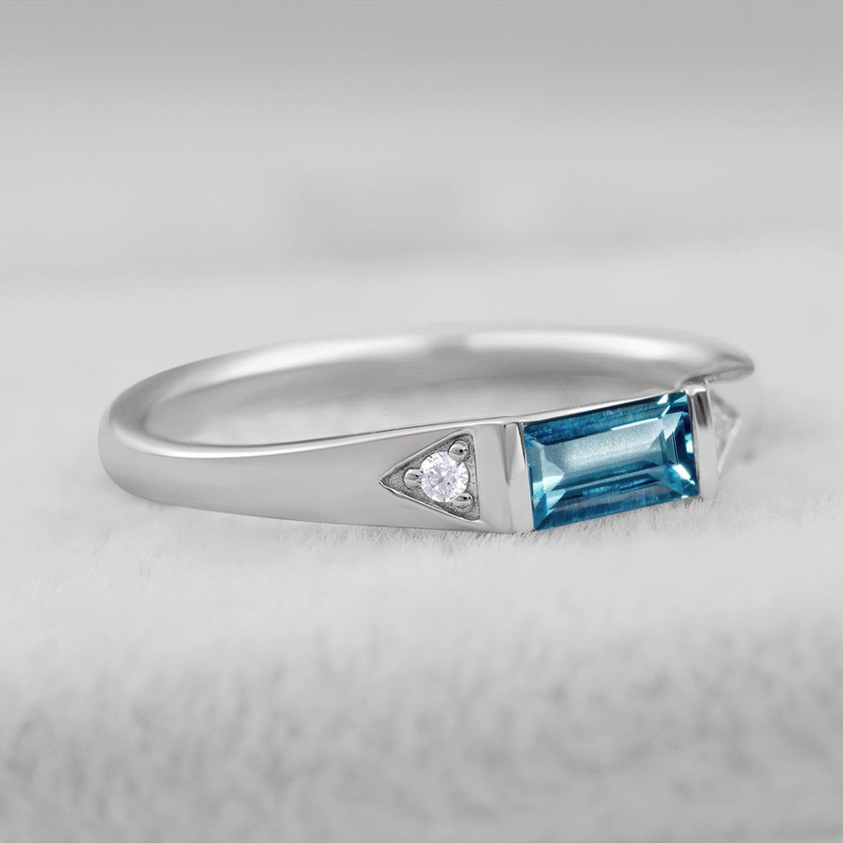Topgemco Baguette London Blue Topaz East-West Ring – Sterling Silver December Birthstone Stacking Ring