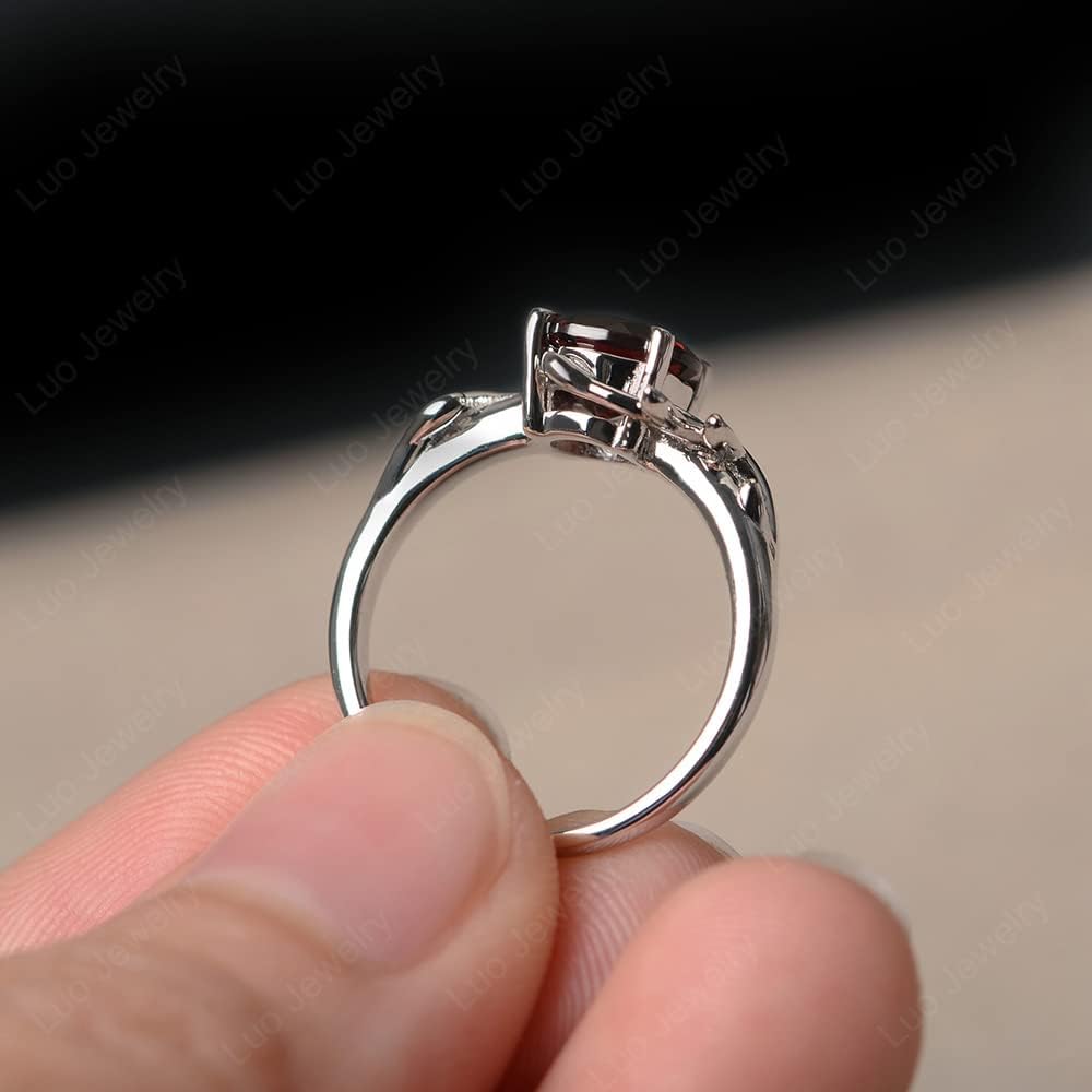 S925 Sterling Silver Garnet Rings 7MM Round Shaped Gemstone Engagement Rings with Leaf Design Promise Rings for Her Birthday Christmas Valentine's Day Jewelry Size 3-13