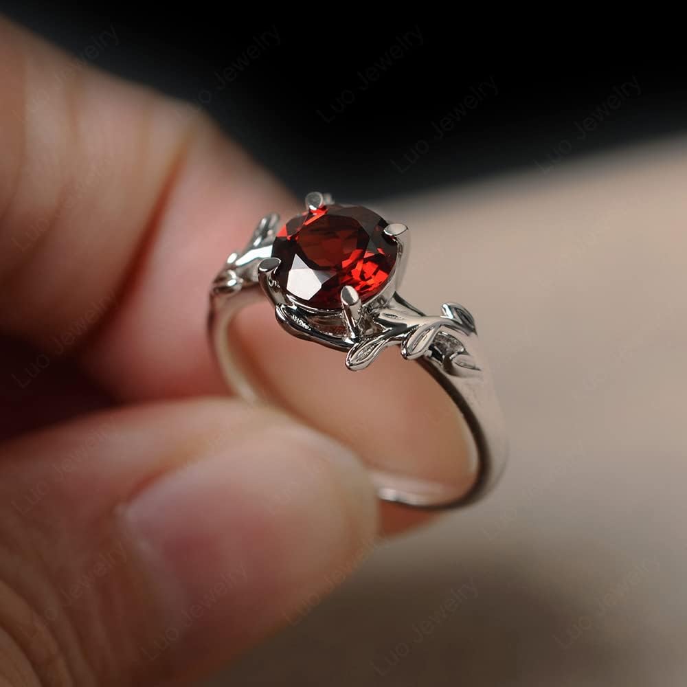 S925 Sterling Silver Garnet Rings 7MM Round Shaped Gemstone Engagement Rings with Leaf Design Promise Rings for Her Birthday Christmas Valentine's Day Jewelry Size 3-13