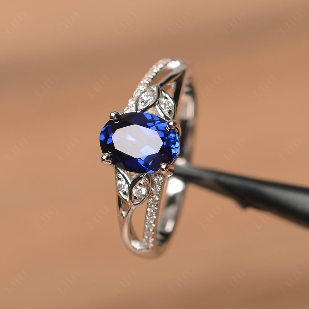 Oval Lab Sapphire Gemstone Ring – 925 Sterling Silver, 4-Prong