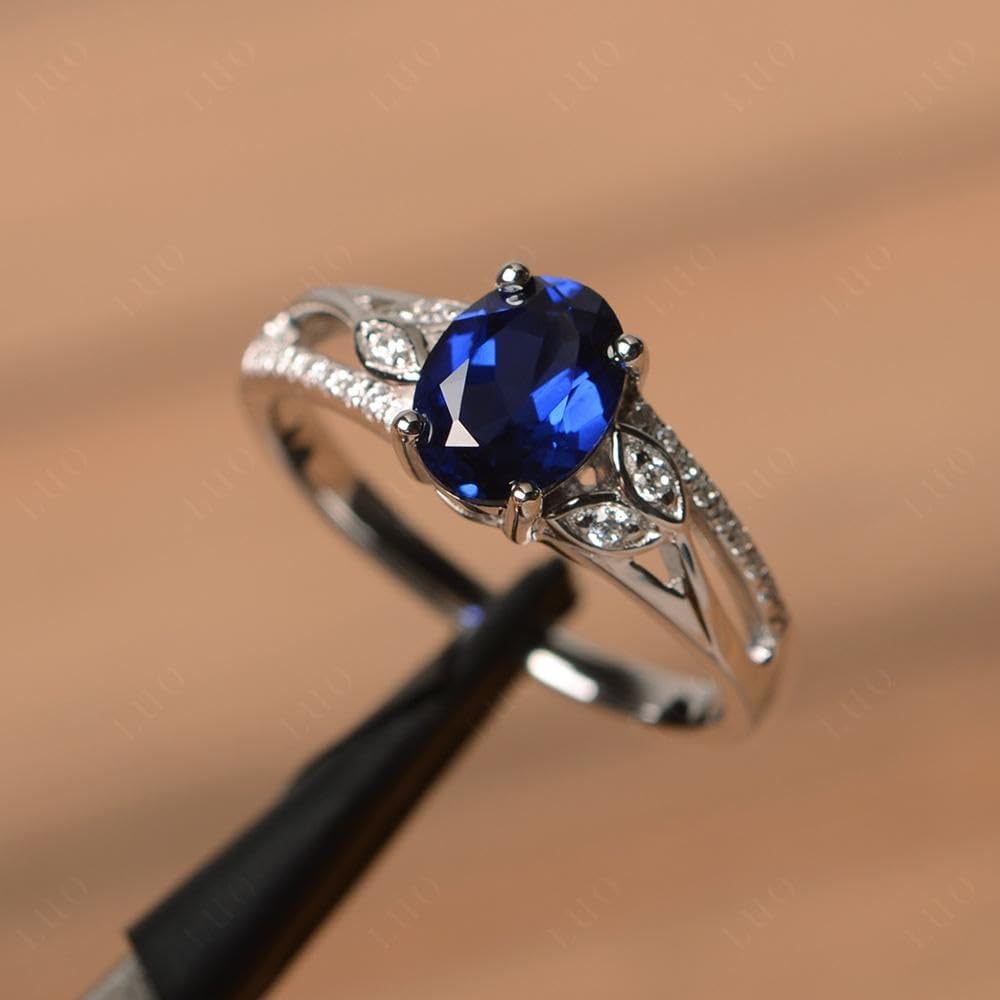 Oval Lab Sapphire Gemstone Ring – 925 Sterling Silver, 4-Prong