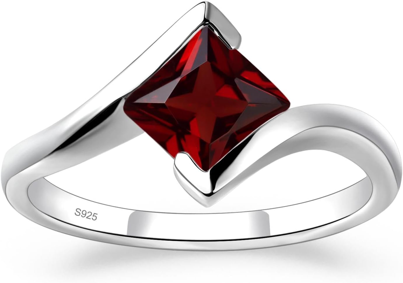 Sterling Silver Princess Cut Gemstone Bypass Promise Garnet Ring for Women | Solitaire, Square Shape 6X6 MM, Bezel Set, Tension Rings for Wedding Engagement Anniversary, Size 3-13