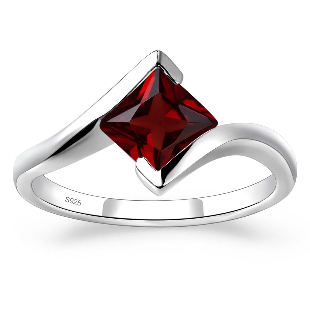 Sterling Silver Princess Cut Gemstone Bypass Promise Garnet Ring for Women | Solitaire, Square Shape 6X6 MM, Bezel Set, Tension Rings for Wedding Engagement Anniversary, Size 3-13