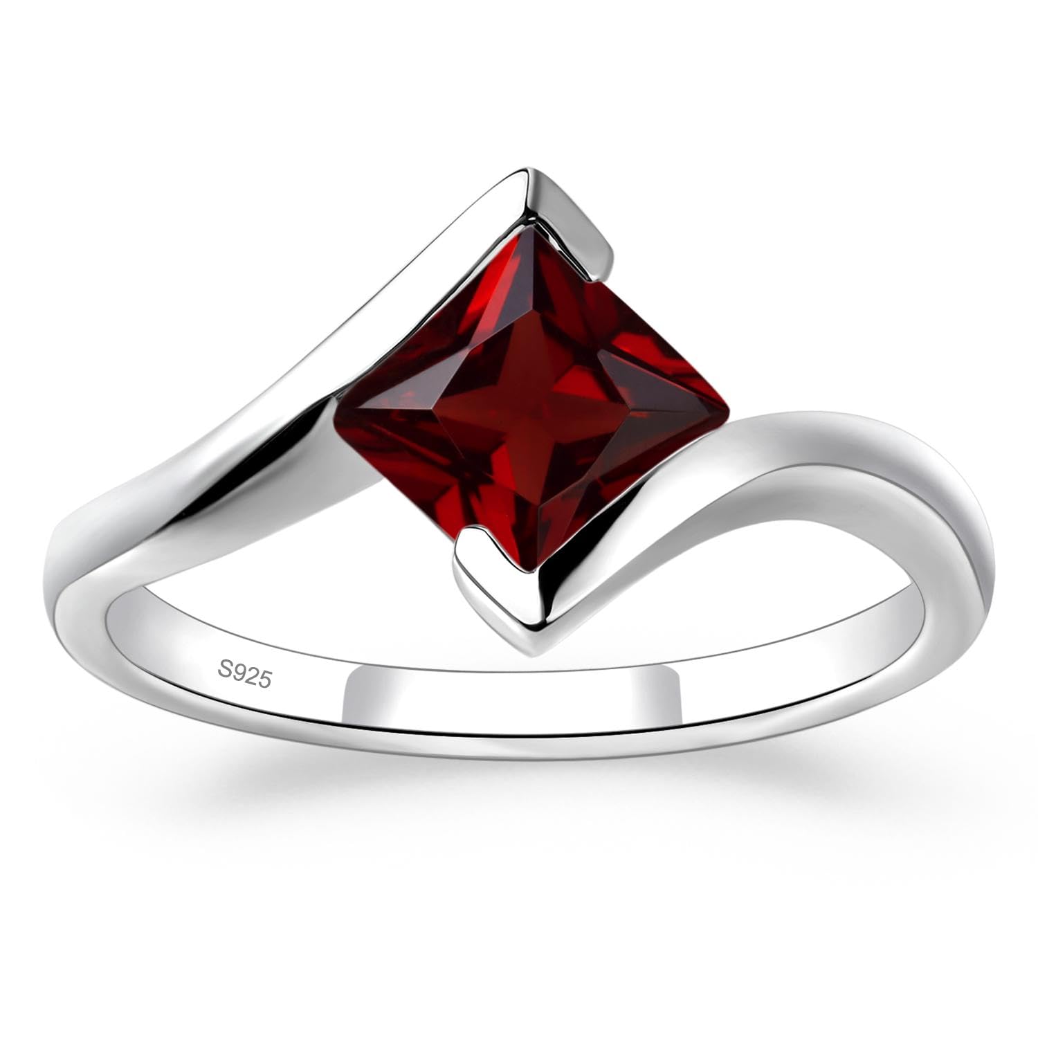 Sterling Silver Princess Cut Gemstone Bypass Promise Garnet Ring for Women | Solitaire, Square Shape 6X6 MM, Bezel Set, Tension Rings for Wedding Engagement Anniversary, Size 3-13