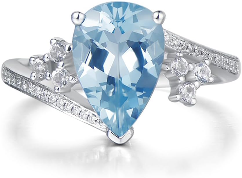 Aquamarine 2CT Pear Cut Engagement Ring 925 Sterling Silver 7x9mm Sky Blue Aquamarine and White Moissanite Ring for Women