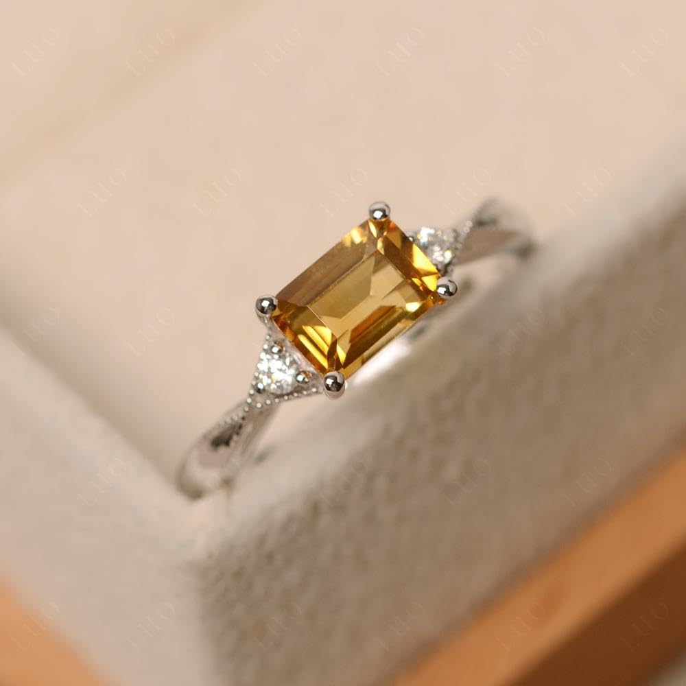 Topgemco Vintage Milgrain Citrine Ring – Emerald Cut East-West Sterling Silver Birthstone Ring