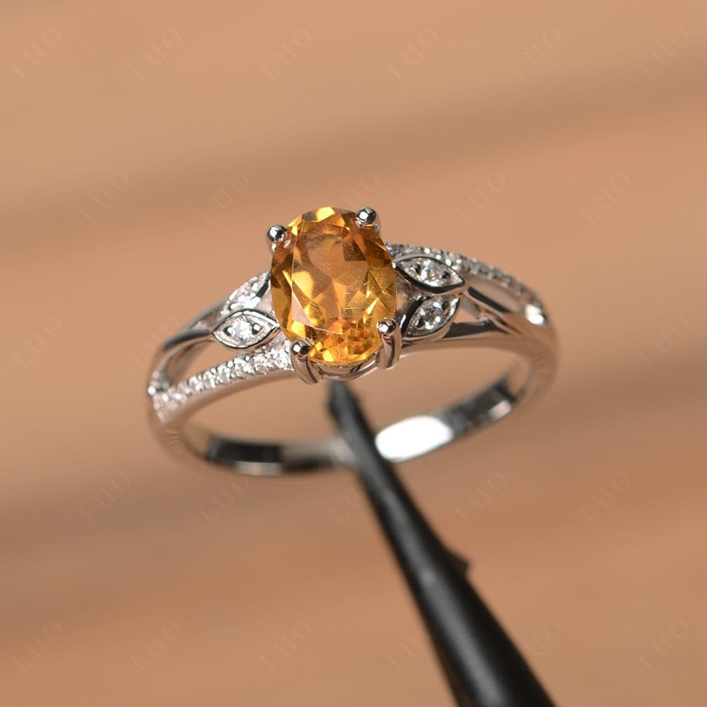 Topgemco Vintage Leaf Citrine Engagement Ring – Oval Cut Sterling Silver November Birthstone Ring