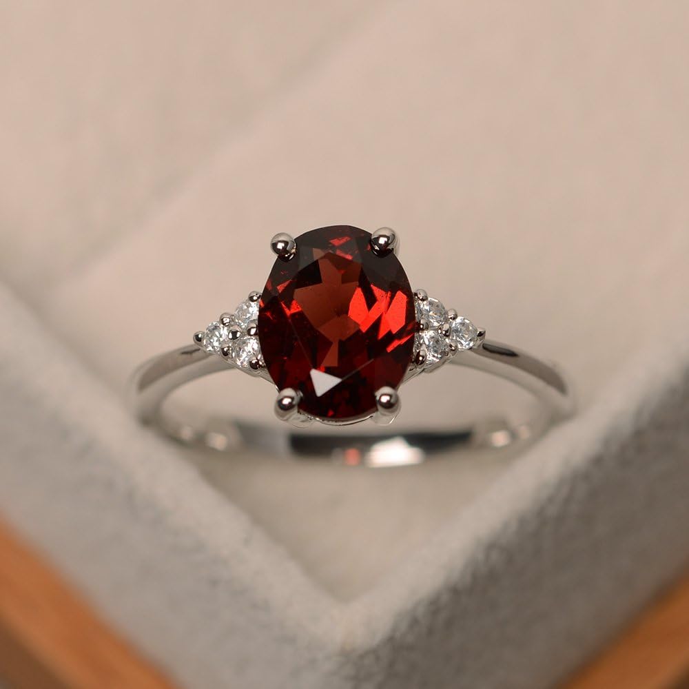Garnet 925 Sterling Silver 9x7mm Oval Shaped Birthstone Gemstone Rings for Women, Engagement Ring Birthstone Jewelry Wedding Promise for Lady Size 3-13