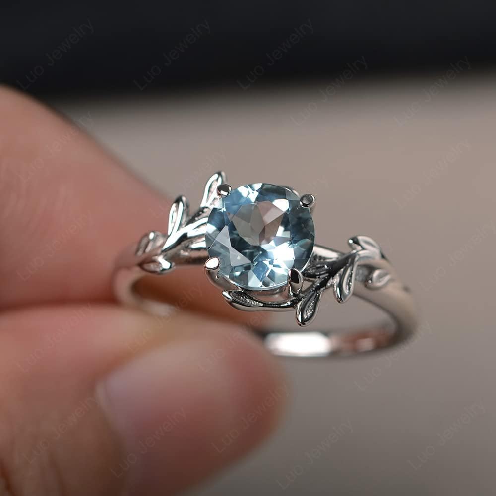 Aquamarine Ring 7MM Round 925 Sterling Silver Leaf Design Engagement Promise Ring for Women Birthday Christmas Valentine Day Jewelry Size 3-13