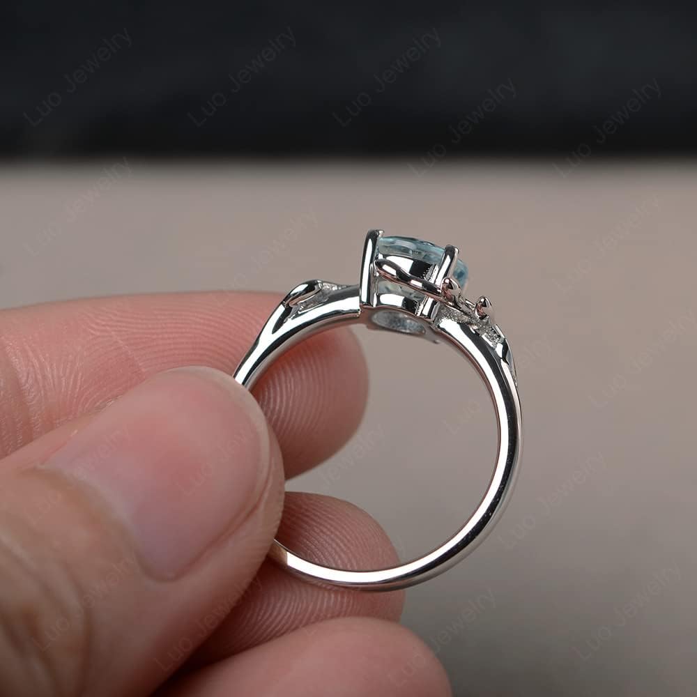 Aquamarine Ring 7MM Round 925 Sterling Silver Leaf Design Engagement Promise Ring for Women Birthday Christmas Valentine Day Jewelry Size 3-13