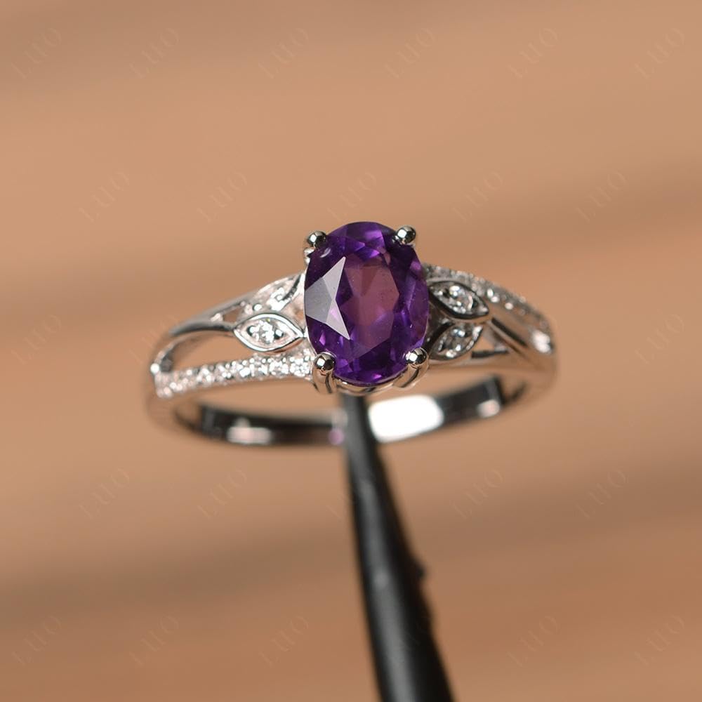 925 Sterling Silver Amethyst Ring – Oval Leaf Design, Sizes 3-13