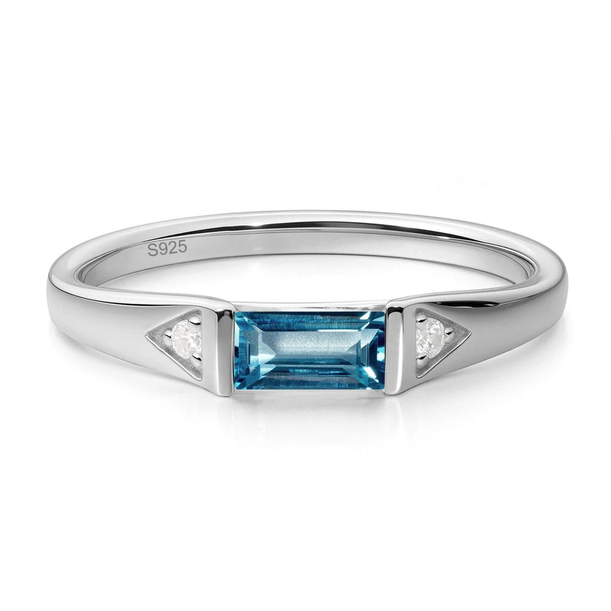 Topgemco Baguette London Blue Topaz East-West Ring – Sterling Silver December Birthstone Stacking Ring