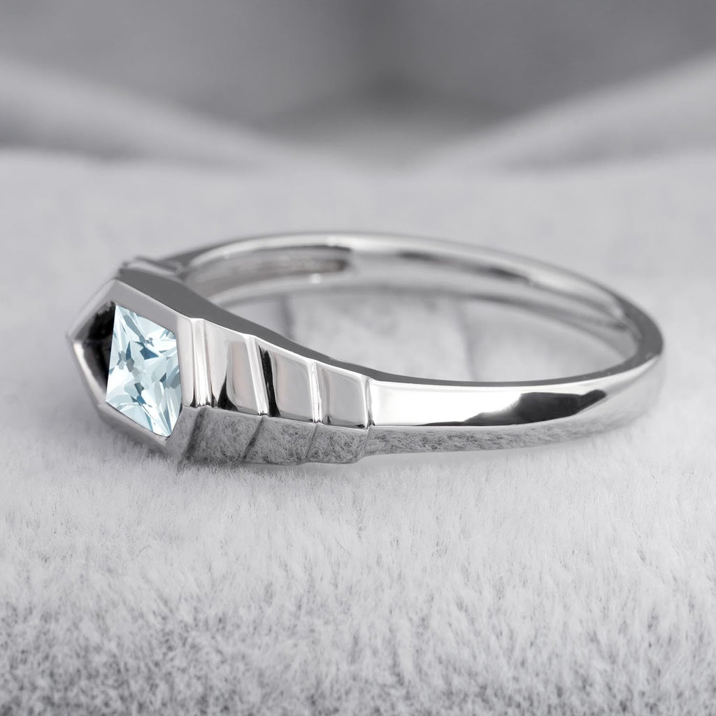 Aquamarine Princess Cut Solitaire Engagement Ring 5x5mm 925 Sterling Silver Unisex Half Bezel Setting Minimalist Geometric Design Anniversary Wedding Promise Ring Size 3-13