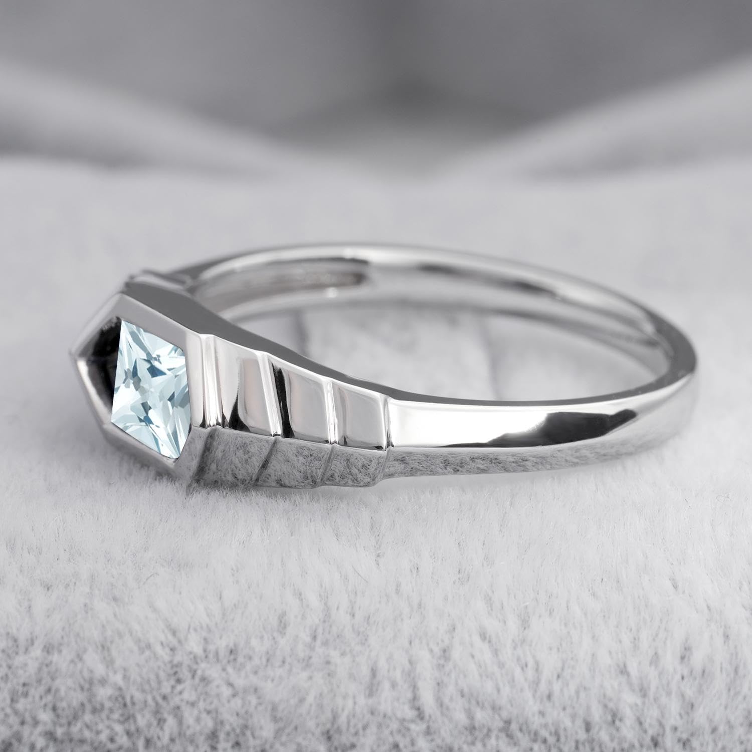 Aquamarine Princess Cut Solitaire Engagement Ring 5x5mm 925 Sterling Silver Unisex Half Bezel Setting Minimalist Geometric Design Anniversary Wedding Promise Ring Size 3-13