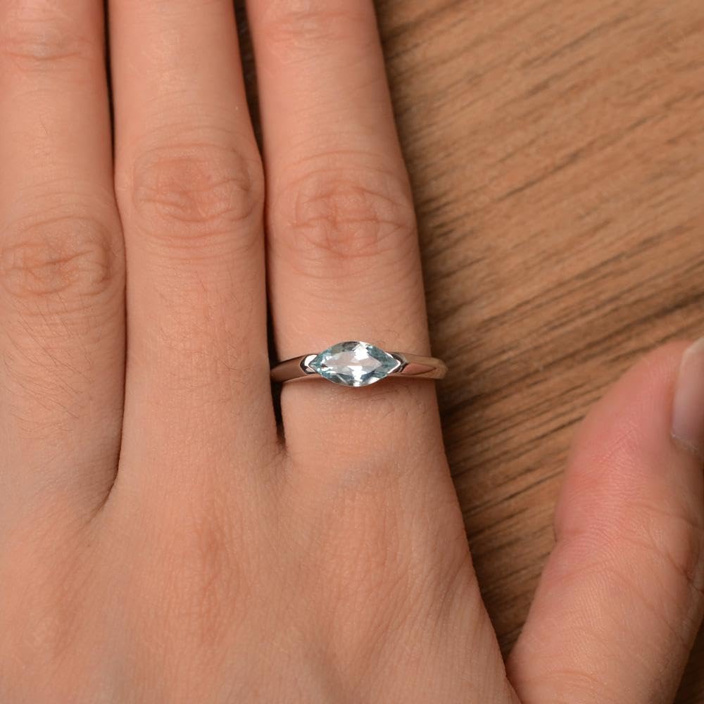 Aquamarine East West Engagement Ring 925 Sterling Silver Horizontal Marquise Cut 5x10mm Minimalist Solitaire Wedding Promise Ring for Women Size 3-13
