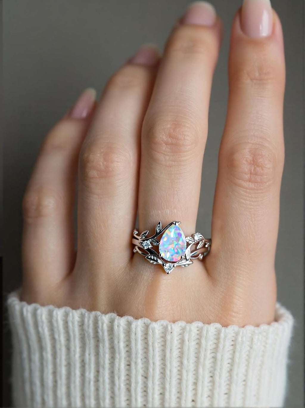 925 Sterling Silver Opal and Moissanite Pear Halo Bridal Ring Set