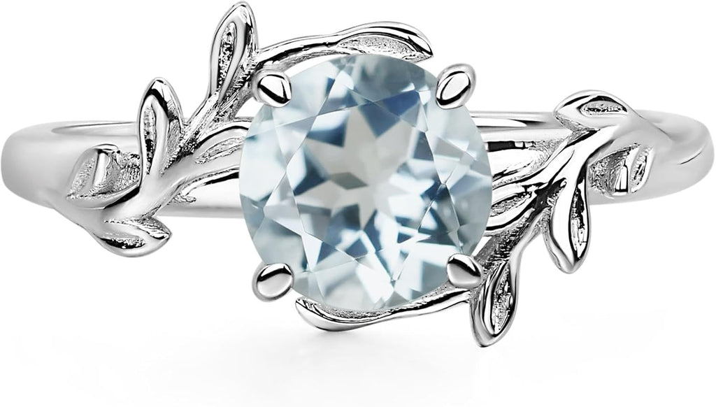 Aquamarine Ring 7MM Round 925 Sterling Silver Leaf Design Engagement Promise Ring for Women Birthday Christmas Valentine Day Jewelry Size 3-13