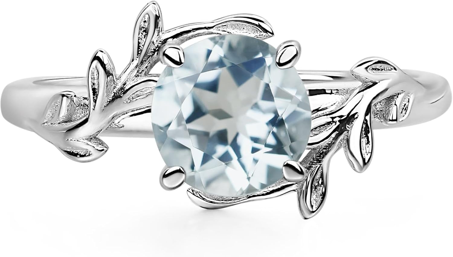 Aquamarine Ring 7MM Round 925 Sterling Silver Leaf Design Engagement Promise Ring for Women Birthday Christmas Valentine Day Jewelry Size 3-13