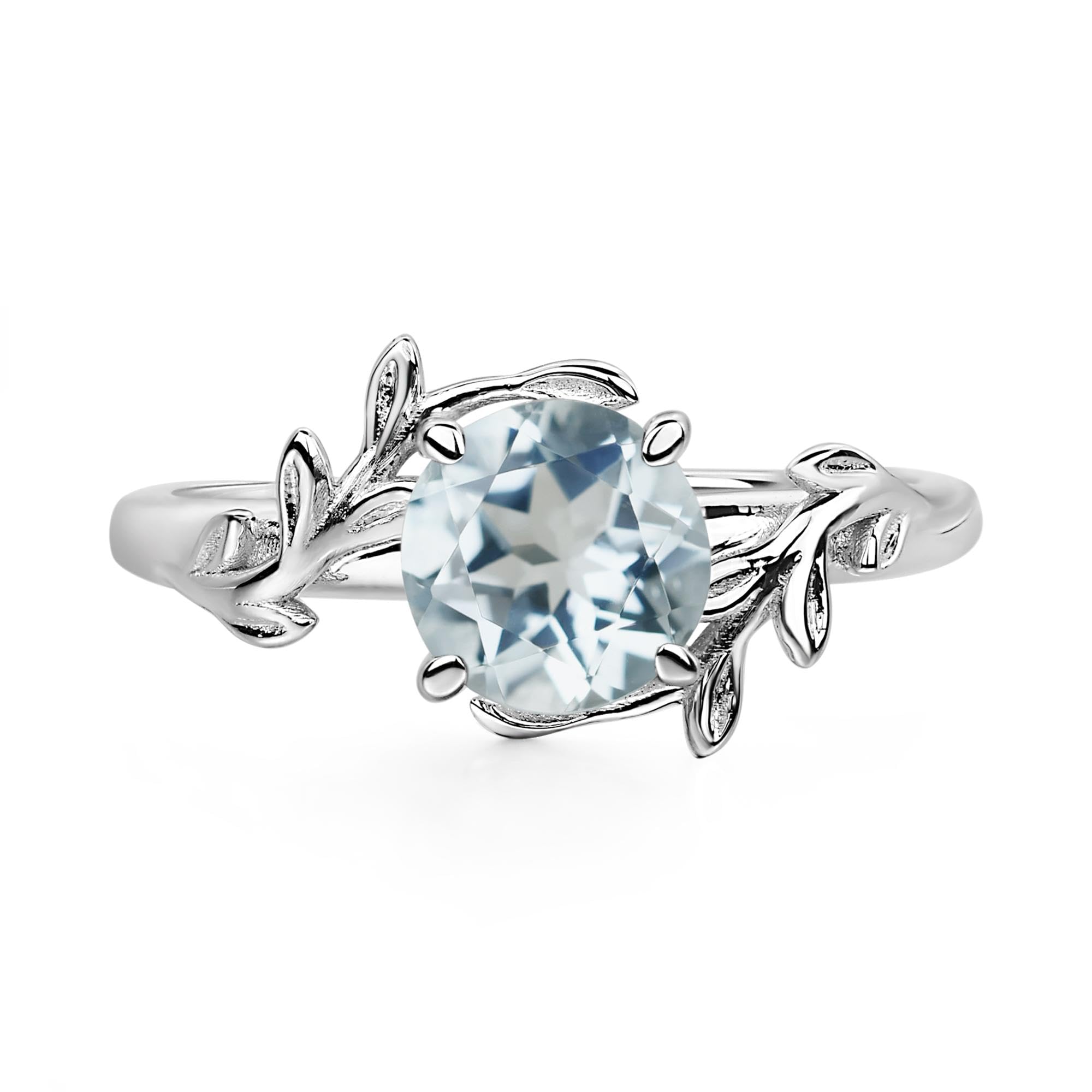 Aquamarine Ring 7MM Round 925 Sterling Silver Leaf Design Engagement Promise Ring for Women Birthday Christmas Valentine Day Jewelry Size 3-13